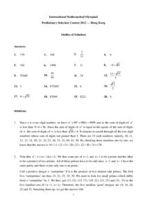 International Mathematical Olympiad Preliminary Selection Contest 2012 — Hong Kong Outline of Solutions  Answers: