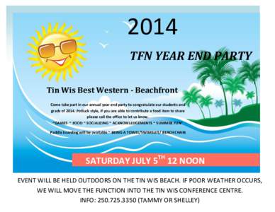 2014 TFN YEAR END PARTY Tin Wis Best Western - Beachfront Come take part in our annual year end party to congratulate our students and grads of[removed]Potluck style, if you are able to contribute a food item to share plea