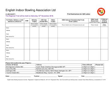 English Indoor Bowling Association Ltd Trial Nominations for U25 Ladies CLUB/COUNTY: th