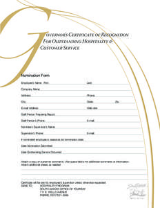 G  overnor’s Certificate of Recognition For Outstanding Hospitality & Customer Service