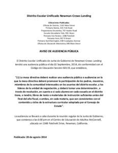 Distrito Escolar Unificado Newman-Crows Landing Ubicaciones Publicadas: Oficina de Distrito, 1162 Main Street Primaria Bonita, 425 Fink Road Preparatoria Orestimba, 707 Hardin Road Escuela Secundaria Yolo, 901 Hoyer