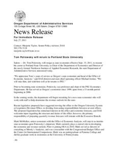Oregon Department of Administrative Services 155 Cottage Street NE, U20 Salem, Oregon[removed]News Release For Immediate Release July 27, 2011