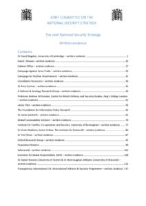 JOINT COMMITTEE ON THE NATIONAL SECURITY STRATEGY The next National Security Strategy Written evidence Contents Dr David Blagden, University of Cambridge – written evidence .............................................