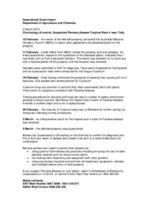 Queensland Government Department of Agriculture and Fisheries 5 March 2015 Chronology of events: Suspected Panama disease Tropical Race 4 near Tully 10 February - the owner of the affected property contacted the Australi