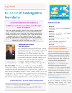 AugustQueenscliff Kindergarten Newsletter AUGUST 15TH PIZZA NIGHT AT LOMBARDY’S: Cost $13 per adult and $5 per child – kick off 5:30pm.