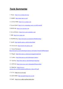 Tools Summaries 1. Triana - http://www.trianacode.org/ 2. SABRE- http://sabre.lancs.ac.uk/ 3. CATALYSER- http://www.axiope.com. 4. System Quirk -http://www.computing.surrey.ac.uk/SystemQ/ 5.NESSTAR- http://www.nesstar.co