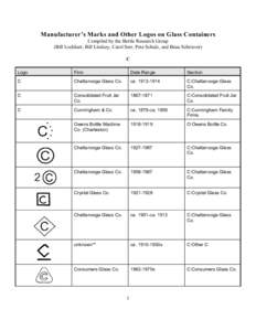 Manufacturer’s Marks and Other Logos on Glass Containers Compiled by the Bottle Research Group (Bill Lockhart, Bill Lindsey, Carol Serr, Pete Schulz, and Beau Schriever) C Logo