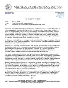 CABRILLO UNIFIED SCHOOL DISTRICT 498 Kelly Ave, Half Moon Bay, CA 94019 • [removed] • Fax[removed] • www.cabrillo.k12.ca.us SUPERINTENDENT Tony Roehrick, Ed.D.