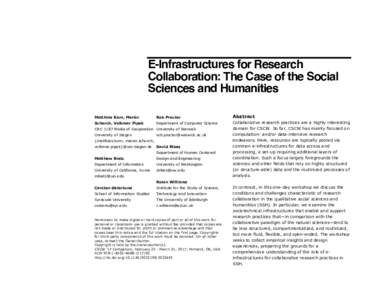 E-Infrastructures for Research Collaboration: The Case of the Social Sciences and Humanities Matthias Korn, Marén  Rob Procter