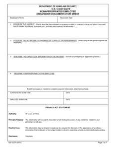 DEPARTMENT OF HOMELAND SECURITY  U.S. Coast Guard NONAPPROPRIATED EMPLOYEE DISCUSSION DOCUMENTATION SHEET Employee’s Name