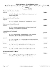 126th Legislature - Second Regular Session Legislative Council Action On Appeals Of Legislative Decisions On Legislative Bill Requests November 21, 2013 Representative Beaulieu of Auburn LR 2416