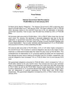 REPUBLIKA NG PILIPINAS KAGAWARAN NG PANANALAPI KAWANIHAN NG INGATANG-YAMAN (BUREAU OF THE TREASURY) Intramuros, Maynila Funding the Republic