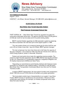 News Advisory Blue Water Area Transportation Commission 2021 Lapeer Avenue Port Huron, MI7373 faxwww.bwbus.com  FOR IMMEDIATE RELEASE