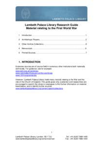 Lambeth Palace Library Research Guide Material relating to the First World War 1 Introduction………………………………………………………………………….1