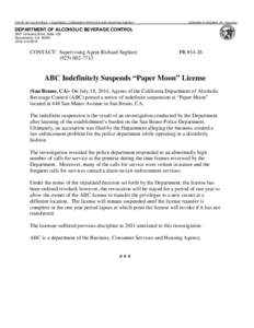 STATE OF CALIFORNIA — BUSINESS, CONSUMER SERVICES AND HOUSING AGENCY  EDMUND G. BROWN, JR., Governor DEPARTMENT OF ALCOHOLIC BEVERAGE CONTROL 3927 Lennane Drive, Suite 100