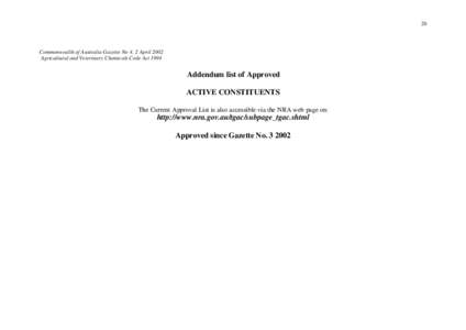 Addendum List of Approved Active Constituents - APVMA Gazette 4, 2 April 2002
