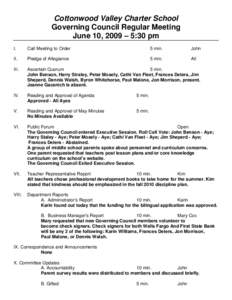 Cottonwood Valley Charter School Governing Council Regular Meeting June 10, 2009 – 5:30 pm I.  Call Meeting to Order