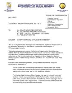 REASON FOR THIS TRANSMITTAL  April 5, 2013 ALL COUNTY INFORMATION NOTICE NO. I-18-13