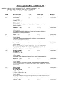 Wetenschapppelijke Prijs Alcatel-Lucent Bell Opmerking : Van 1982 tot 1990 : tweejaarlijkse prijs Bell Telephone (2x200.000 BEF – N/F) Van 1994 tot 2006 : tweejaarlijkse Alcatel Bell prijsEUR) Sinds 2007 : jaa