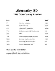 Abernathy ISD 2016 Cross Country Schedule Date Meet