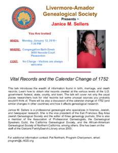 Livermore-Amador Genealogical Society Presents ~ Janice M. Sellers You Are Invited