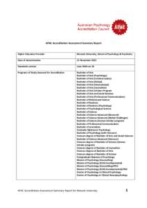 APAC Accreditation Assessment Summary Report  Higher Education Provider Monash University, School of Psychology & Psychiatry