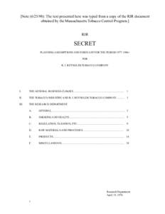 [Note[removed]): The text presented here was typed from a copy of the RJR document obtained by the Massachusetts Tobacco Control Program.] RJR SECRET PLANNING ASSUMPTIONS AND FORECAST FOR THE PERIOD[removed]+