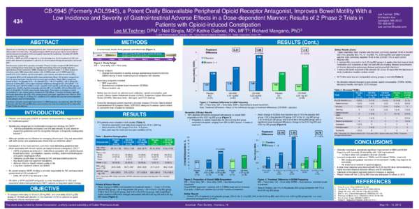 434  CBFormerly ADL5945), a Potent Orally Bioavailable Peripheral Opioid Receptor Antagonist, Improves Bowel Motility With a Low Incidence and Severity of Gastrointestinal Adverse Effects in a Dose-dependent Manne