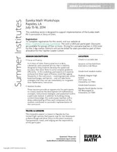 Summer Institutes  EUREKA MATH WORKSHOPS Eureka Math Workshops Rapides, LA