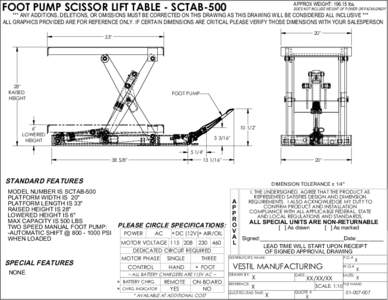 FOOT PUMP SCISSOR LIFT TABLE - SCTAB-500  APPROX WEIGHT: [removed]lbs. DOES NOT INCLUDE WEIGHT OF POWER OR PACKAGING!!!