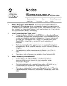 Apportionment of FY 2008 Coordinated Border Infrastructure Program Funds