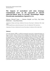 Ecotoxicology and Environmental Safety[removed]–217 The impacts of neutralized acid mine drainage contaminated water on the expression of selected endocrine-linked genes in juvenile Mozambique tilapia