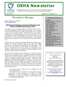 OEHA Newsletter An Official Publication of the Ohio Environmental Health Association Affiliated with the National Environmental Health Association July 2010