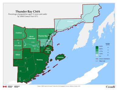 Thunder Bay CMA Percentage of population aged 14 years and under by 2006 Census Tract (CT) Shuniah ns Tra
