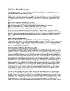 Asian Carp Sampling Summary A sampling summary for the week of October 15, 2012 is included below. All data presented in this summary are preliminary and subject to revision. Bottom Line: Monitoring occurred in the Chica