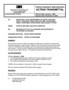 Family Investment Administration Department of Human Resources 311 West Saratoga Street Baltimore MD[removed]Control Number: # 06-22