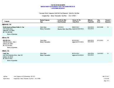 STATE OF MISSISSIPPI DEPARTMENT OF BANKING AND CONSUMER FINANCE CONSUMER DIVISION Consumer Active Companies with Date Last Examined - Sorted by City/State CompanyType : Money Transmitter City/State : --ALL CITIES--
