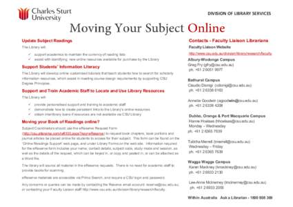 DIVISION OF LIBRARY SERVICES  Update Subject Readings Contacts - Faculty Liaison Librarians