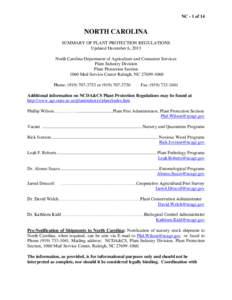 NC - 1 of 14  NORTH CAROLINA SUMMARY OF PLANT PROTECTION REGULATIONS Updated December 6, 2013 North Carolina Department of Agriculture and Consumer Services