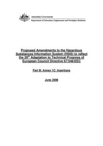 Proposed Amendments to the Hazardous Substances Information System (HSIS) to reflect the 29th Adaptation to Technical Progress of European Council Directive[removed]EEC Part B: Annex 1C: Insertions