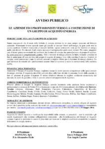 AVVISO PUBBLICO LE AZIENDE ED I PROFESSIONISTI VERSO LA COSTRUZIONE DI UN GRUPPO DI ACQUISTO ENERGIA PERCHE’ DARE VITA AD UN GRUPPO DI ACQUISTO Siamo consapevoli che il costo delle bollette di energia elettrica ha un p