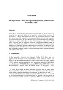 Amer Ahmed  On Agreement Affixes, Incorporated Pronouns, and Clitics in Standard Arabic1  Abstract