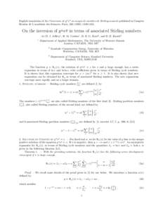 English translation of Sur l’inversion de y α ey au moyen de nombres de Stirling associ´es published in Comptes Rendus de L’acad´emie des Sciences, Paris, 1452. On the inversion of y α ey in terms