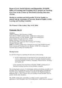 Deans of Arts, Social Sciences and Humanities (DASSH) Office of Learning and Teaching (OLT) project on Teaching First Year in the Context of Threshold Learning Outcomes (TLOs) Meeting to workshop and draft possible TLOs 