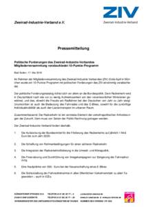 Zweirad-Industrie-Verband e.V.  Pressemitteilung Politische Forderungen des Zweirad-Industrie-Verbandes Mitgliederversammlung verabschiedet 10-Punkte-Programm