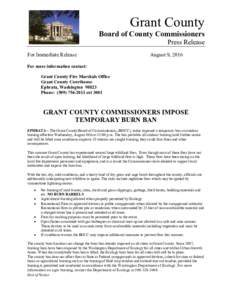 Grant County Board of County Commissioners Press Release For Immediate Release  August 9, 2016