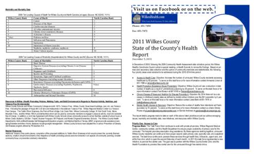 Visit us on Facebook or on the web.  Morbidity and Mortality Data 2009 Ten Leading Causes of Death for Wilkes County and North Carolina (all ages) (Source: NC SCHS, [removed]Wilkes County Rank 1