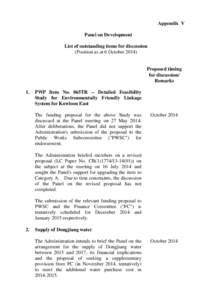 Appendix V Panel on Development List of outstanding items for discussion (Position as at 6 October[removed]Proposed timing