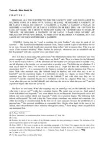 Talmud - Mas. Nazir 2a CHAPTER I MISHNAH. ALL THE SUBSTITUTES FOR THE NAZIRITE VOW1 ARE EQUIVALENT TO NAZIRITE VOWS. IF A MAN SAYS, ‘I SHALL BE [ONE].’ HE BECOMES A NAZIRITE. [IF HE SAYS.] ‘I SHALL BE COMELY, A NAZ