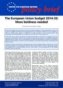 The European Union budget[removed]: More boldness needed By John Peet and Stephen Tindale ★ The EU budget has always been the cause of bitter arguments. The negotiations for the new long-term budget framework that are g